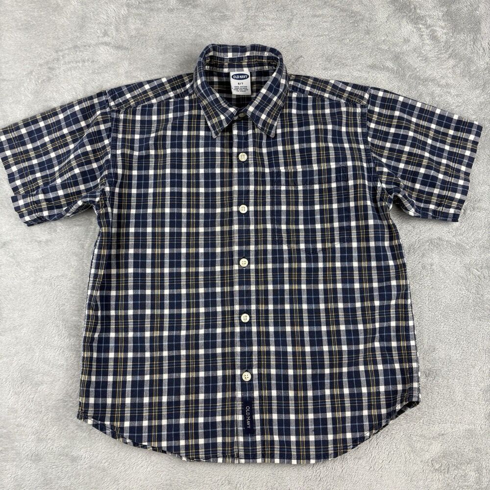 Vintage Old Navy Button Up Shirt Boys Sz 6/7 Blue Plaid Short Sleeve Skater